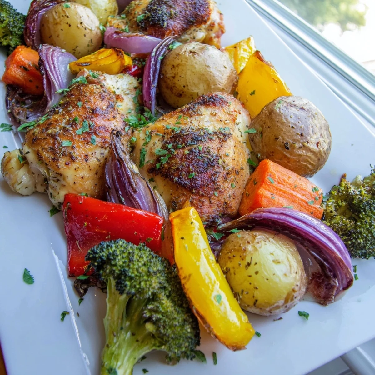 Juicy Sheet Pan Lemon Herb Chicken and Vegetables served on a parchment-lined pan with fresh parsley garnish.