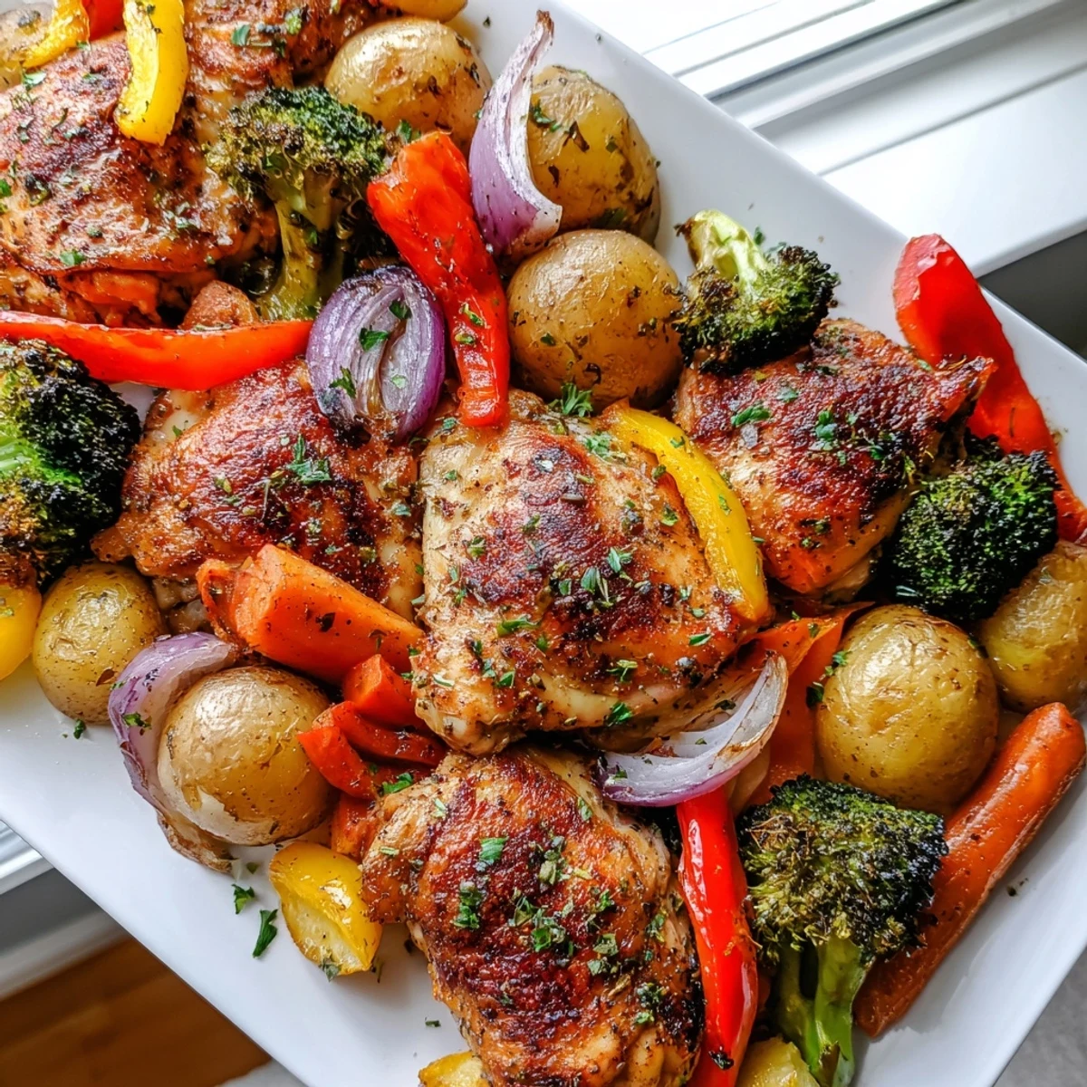 Colorful Sheet Pan Lemon Herb Chicken and Vegetables plated with roasted broccoli, peppers, and a squeeze of lemon.