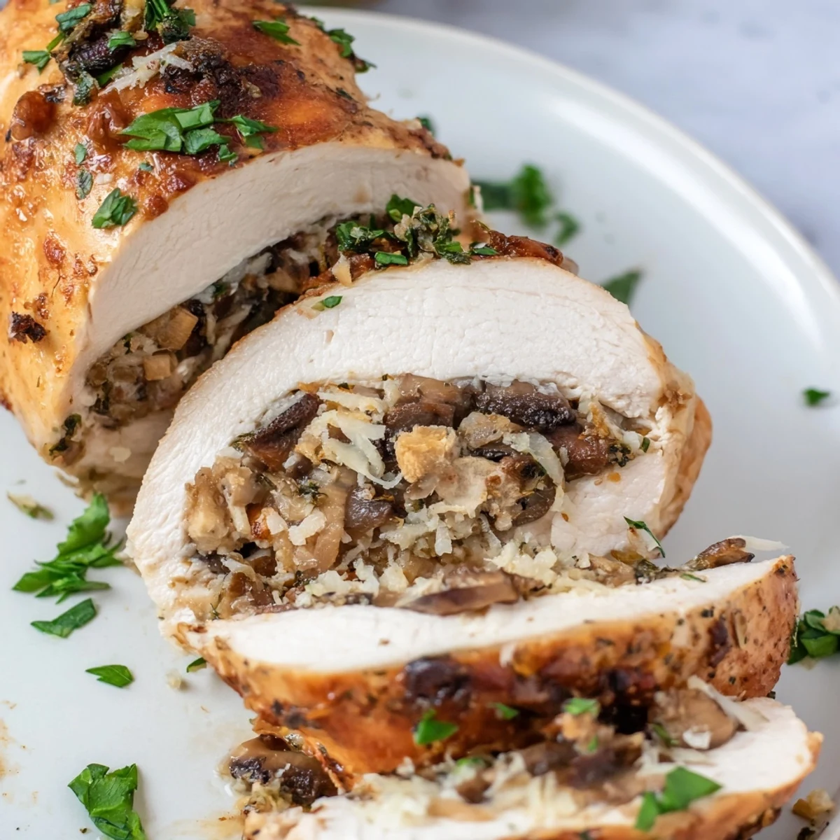 Golden brown mushroom stuffed chicken breast sliced open revealing savory herb and cheese filling on a white plate