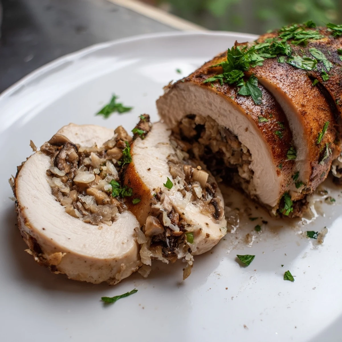 Juicy baked mushroom stuffed chicken breast with melted mozzarella and parsley garnish served for dinner