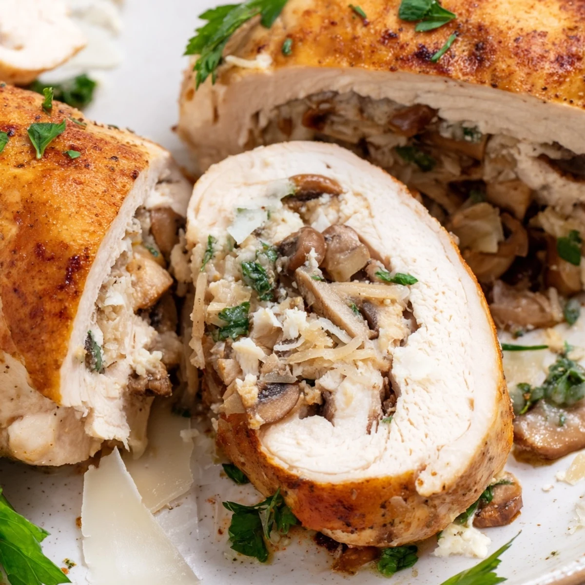 Pan-seared mushroom stuffed chicken breast with golden crust and creamy mushroom filling ready to serve