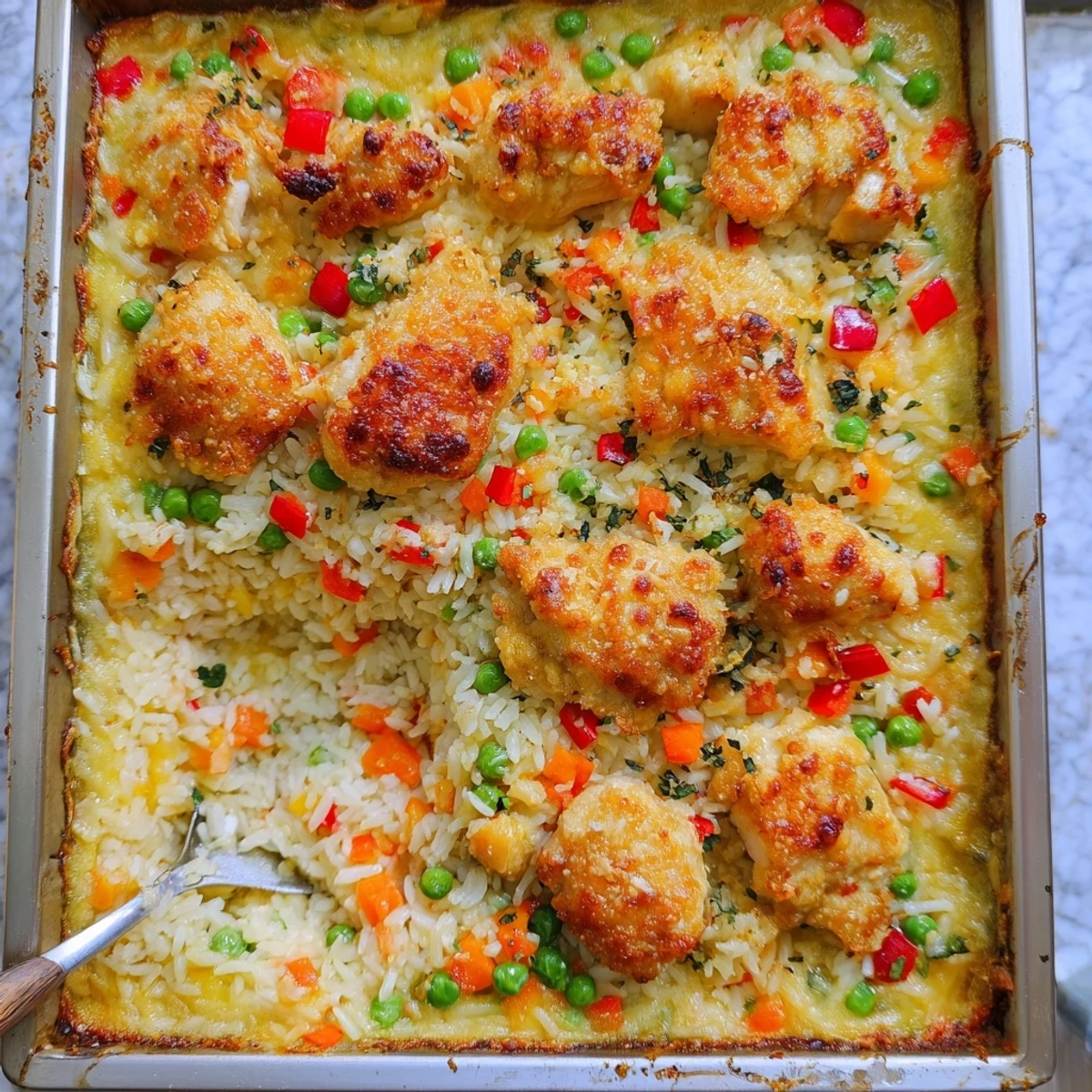 Steamy casserole dish of Macau style Portuguese chicken rice featuring golden mozzarella, colorful bell peppers, and mildly spiced coconut sauce