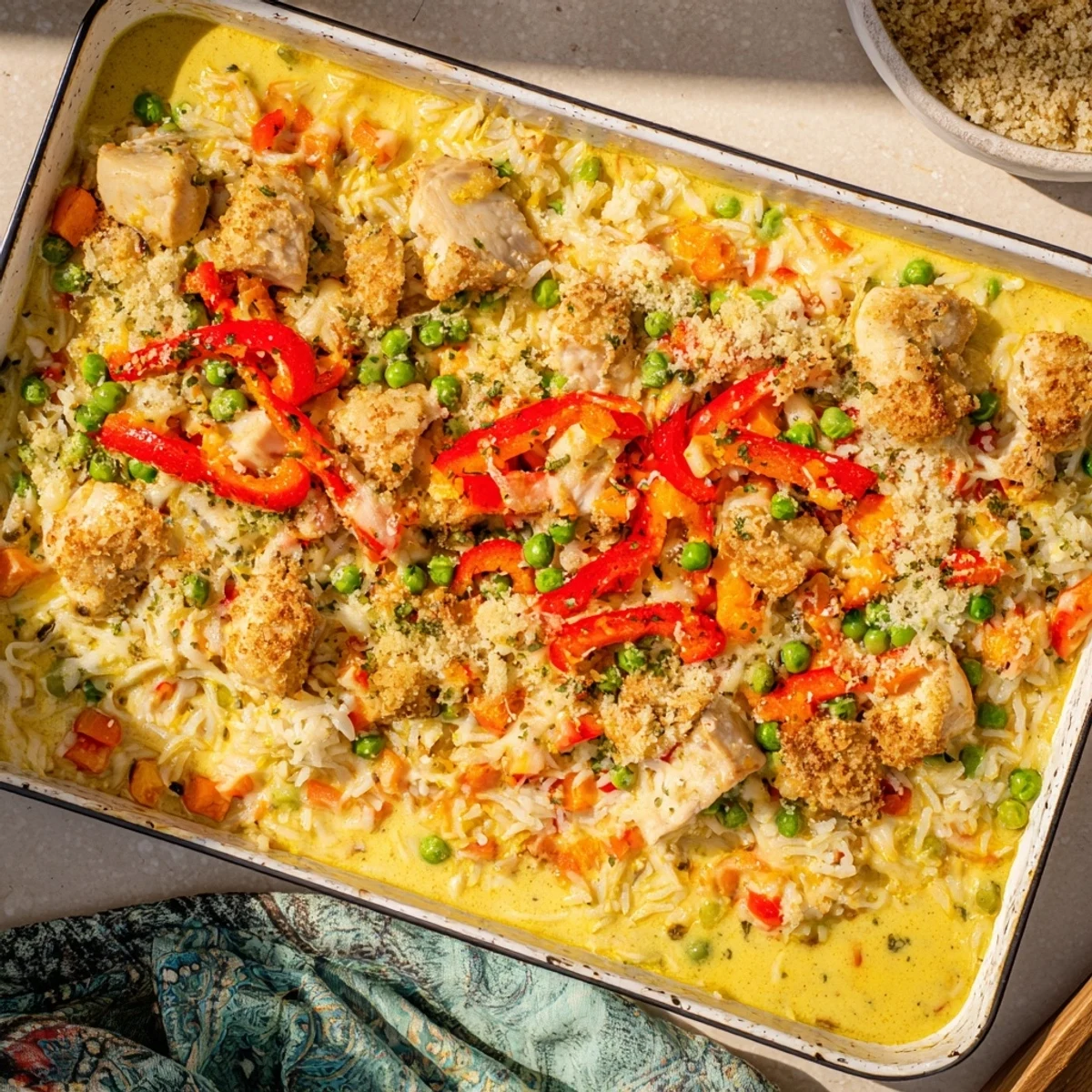 Golden baked Macau style Portuguese chicken rice with bubbling melted cheese topping and tender vegetables in creamy coconut curry sauce