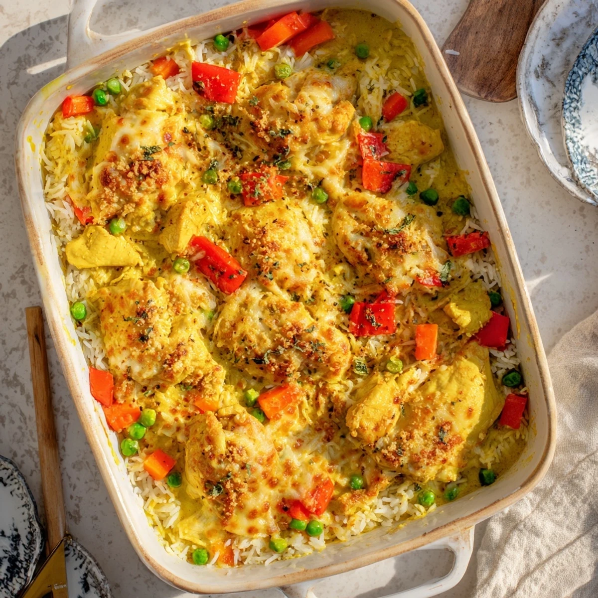 Home-baked Macau style Portuguese chicken rice showcasing tender chicken pieces, fluffy jasmine rice, and caramelized cheese crust in a rectangular baking dish