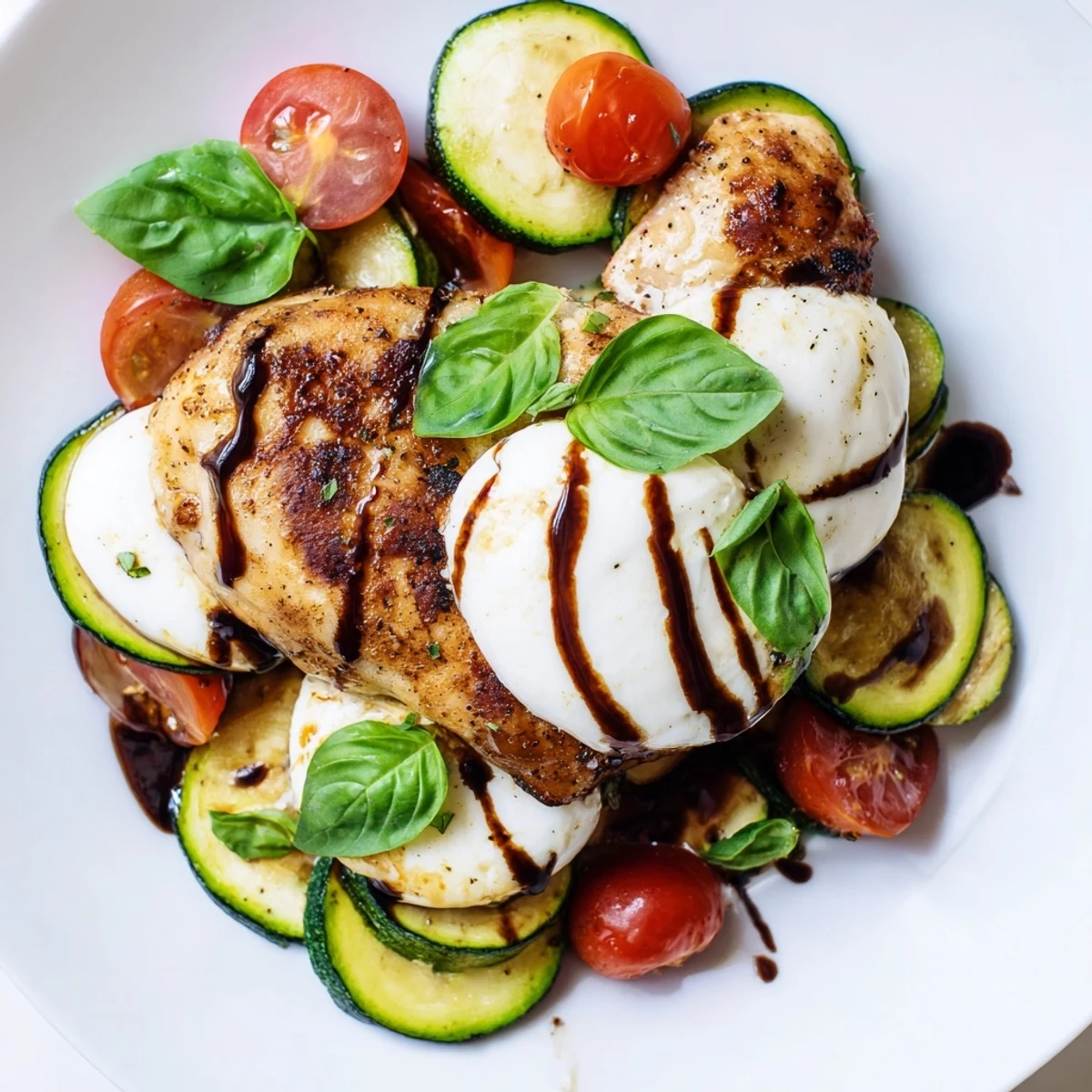 One-pan Caprese chicken zucchini skillet featuring tender meat, cherry tomatoes, and bubbling mozzarella cheese