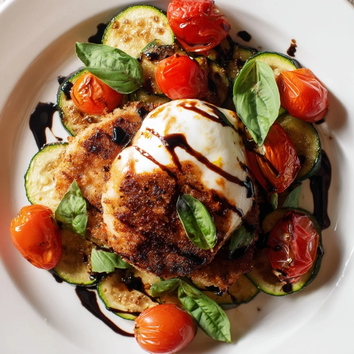 Sizzling skillet of Caprese chicken zucchini topped with fresh basil and balsamic glaze