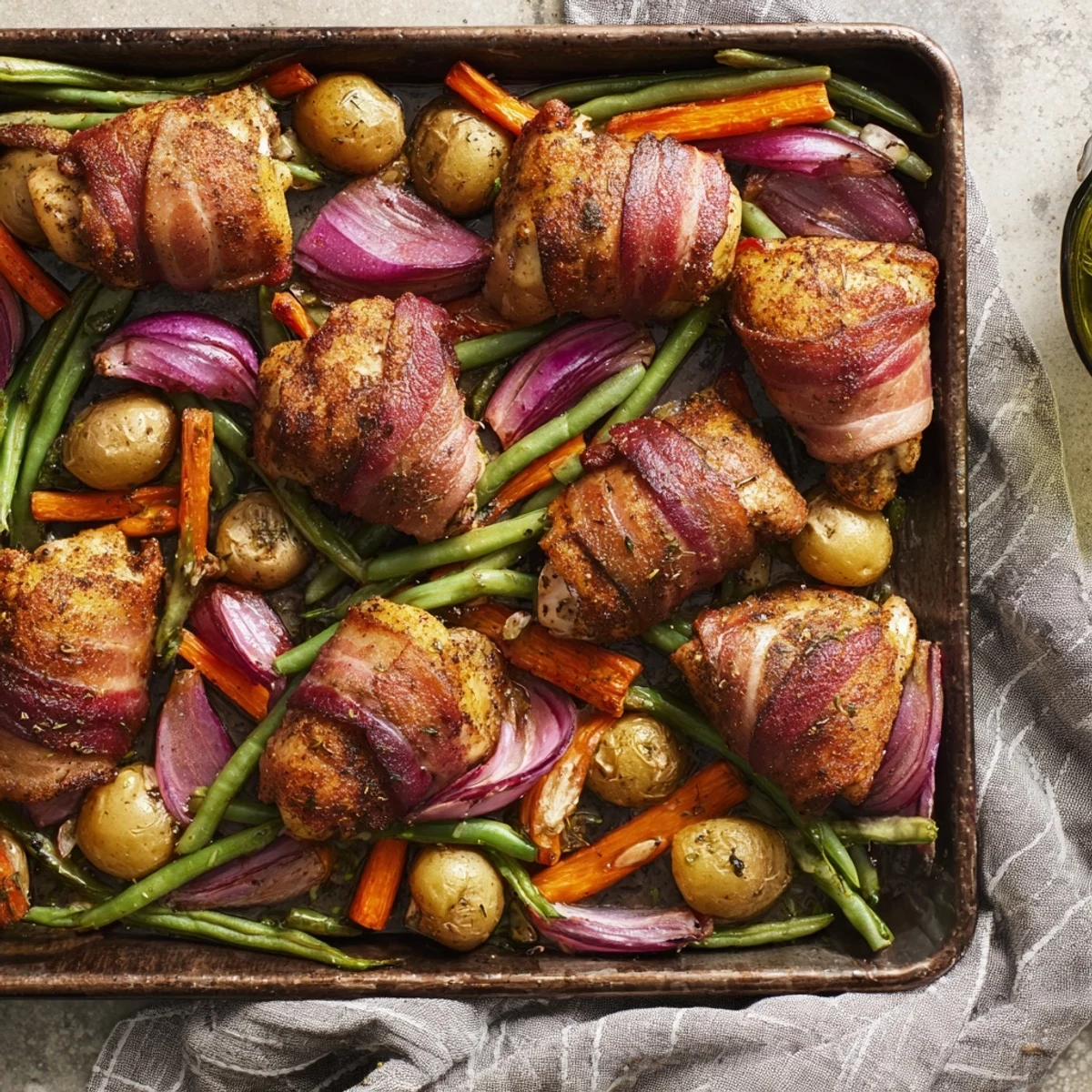 Golden bacon wrapped chicken thighs roasted with colorful vegetables on a large baking tray