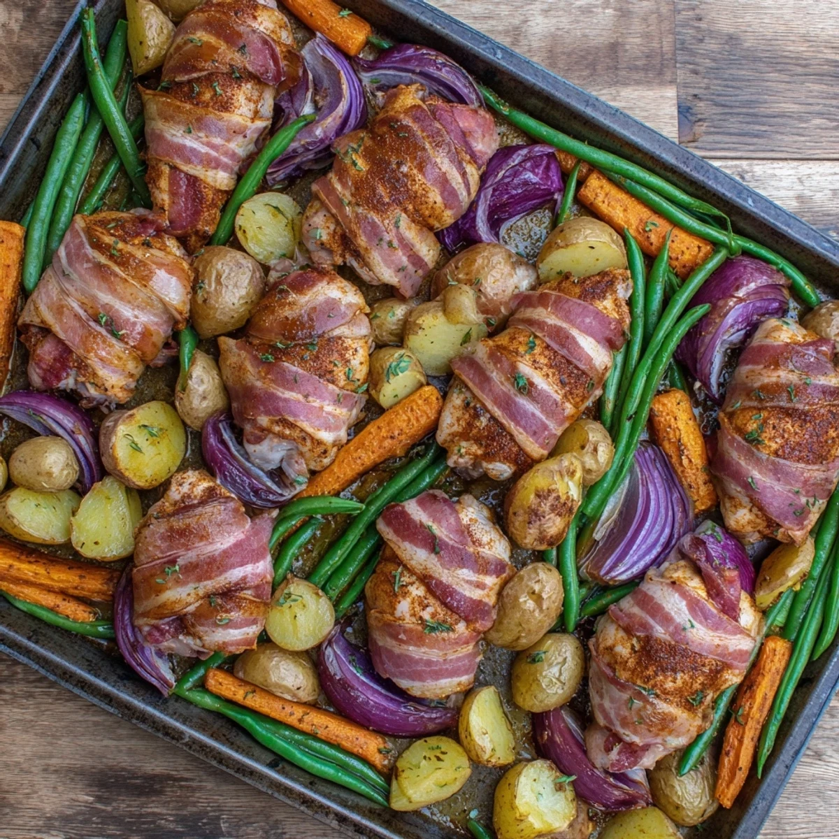 Savory bacon wrapped chicken thighs arranged with roasted vegetables for an easy one-pan family dinner