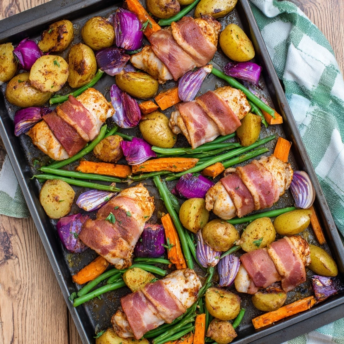 Crispy bacon encases juicy seasoned chicken thighs atop baby potatoes and carrots in this tray bake