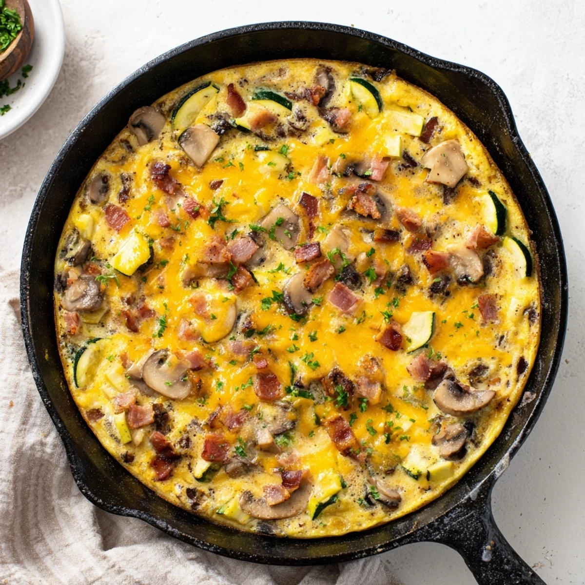Golden mushroom zucchini and bacon family frittata featuring fluffy baked eggs with melted cheddar cheese and fresh parsley garnish