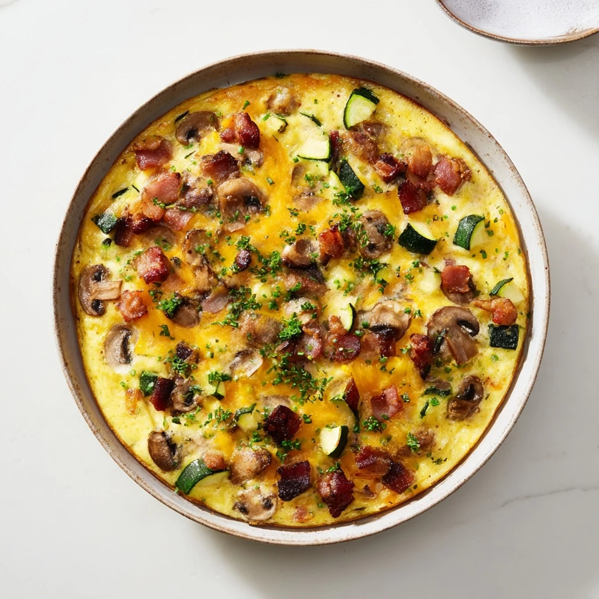 Savory skillet-baked frittata loaded with smoky bacon tender zucchini slices and earthy mushrooms in a golden egg custard