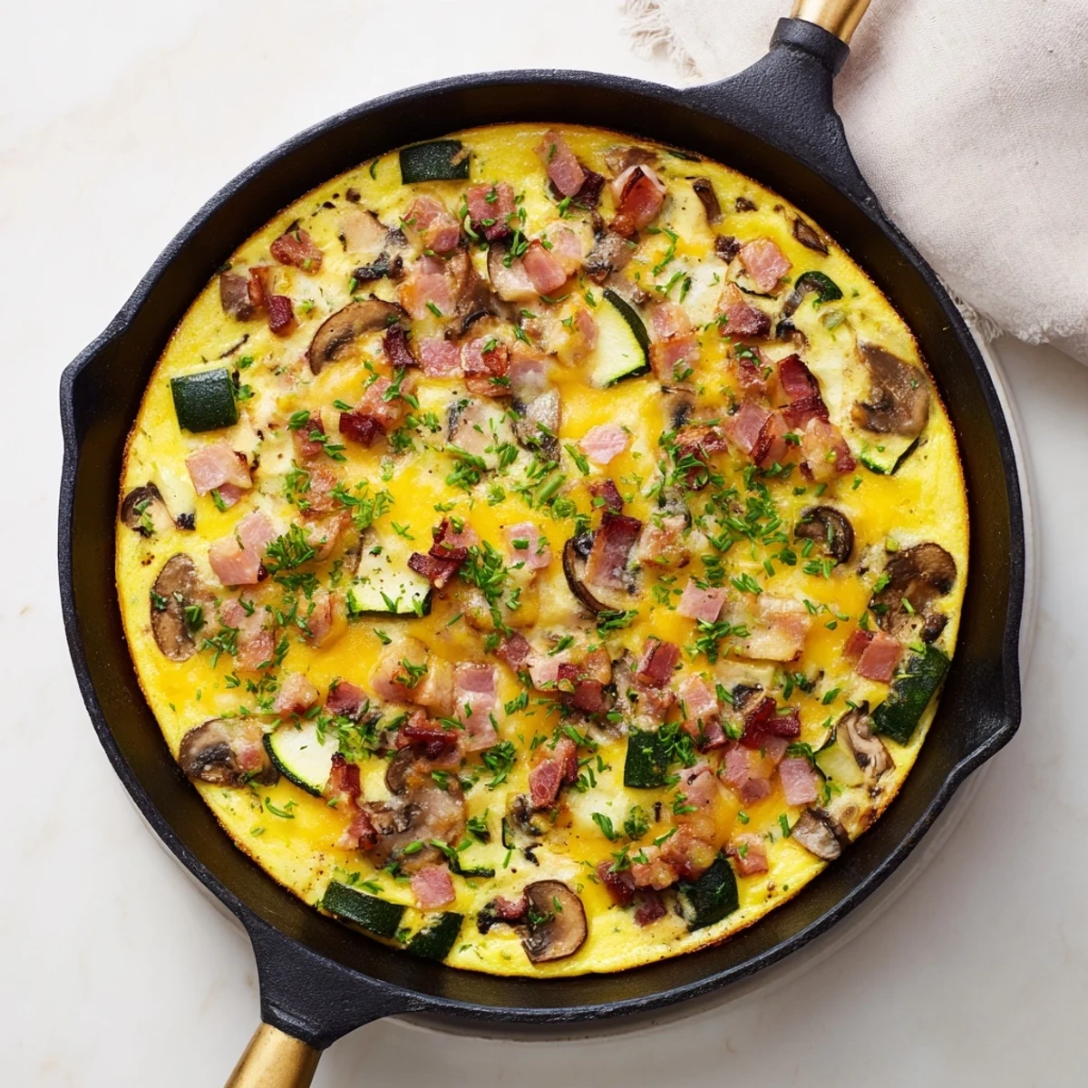 Homemade mushroom zucchini and bacon frittata served warm with rustic edges and vibrant green parsley sprinkled on top