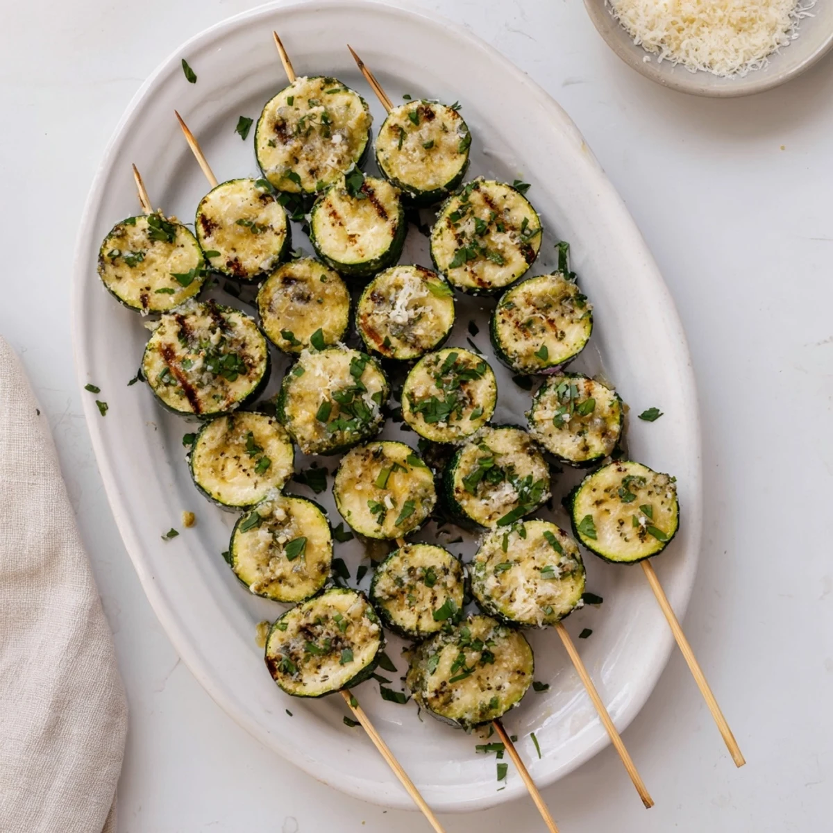 Grilled zucchini rounds threaded on skewers brushed with melted garlic butter and fresh parsley
