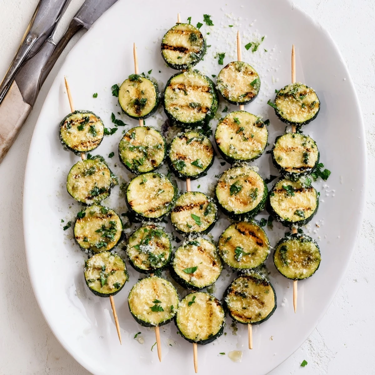 Golden tender zucchini skewers basted with rich garlic butter and topped with grated Parmesan cheese