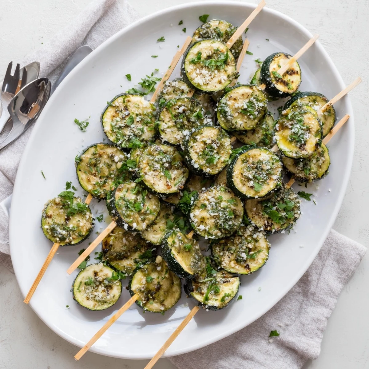 Easy garlic butter zucchini skewers with charred grill marks and lemon garlic glaze glistening