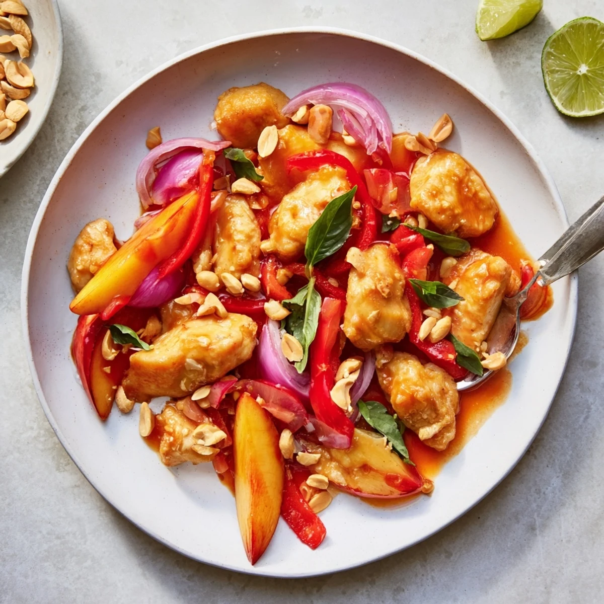 Golden brown Thai peach chicken pieces simmered in glossy red sauce with colorful bell pepper slices