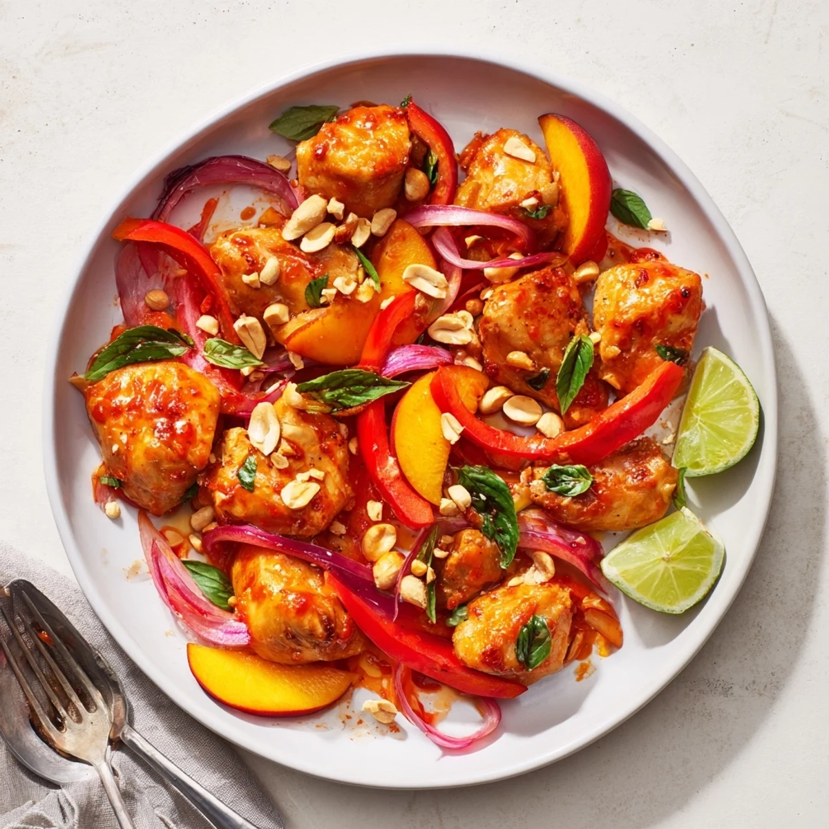 Savory chicken stir-fry featuring fresh peach wedges coated in aromatic Thai sweet chili glaze