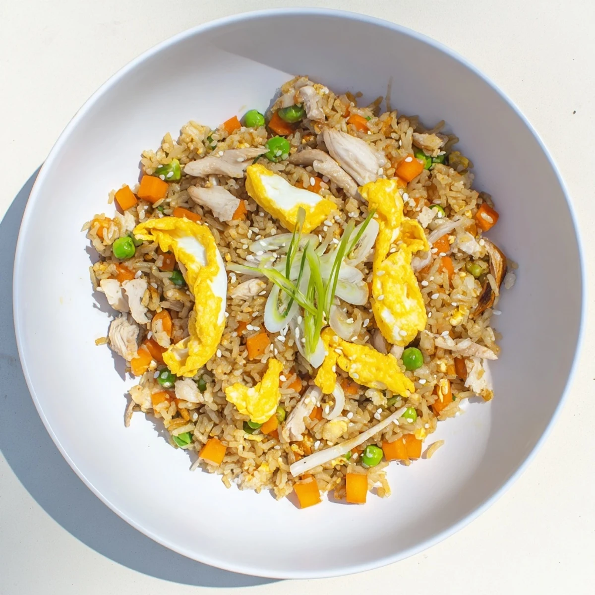 Golden chicken fried rice stir-fried with colorful vegetables and topped with rolled egg omelette strips