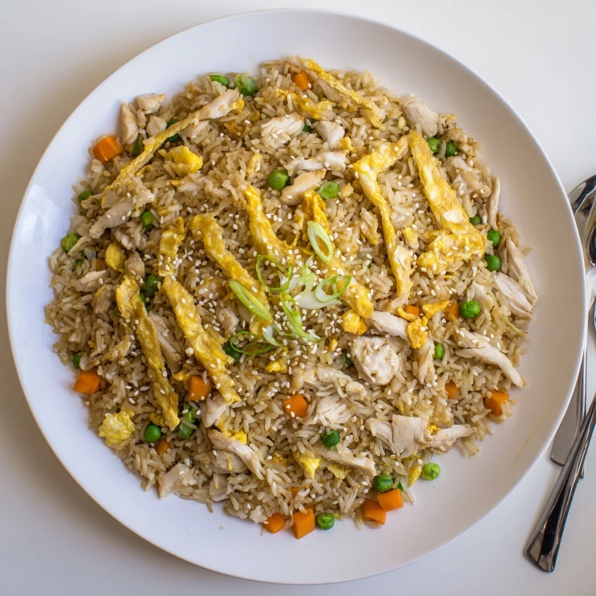 Savory chicken fried rice with tender chicken pieces, peas, carrots, and sliced golden egg omelette garnish