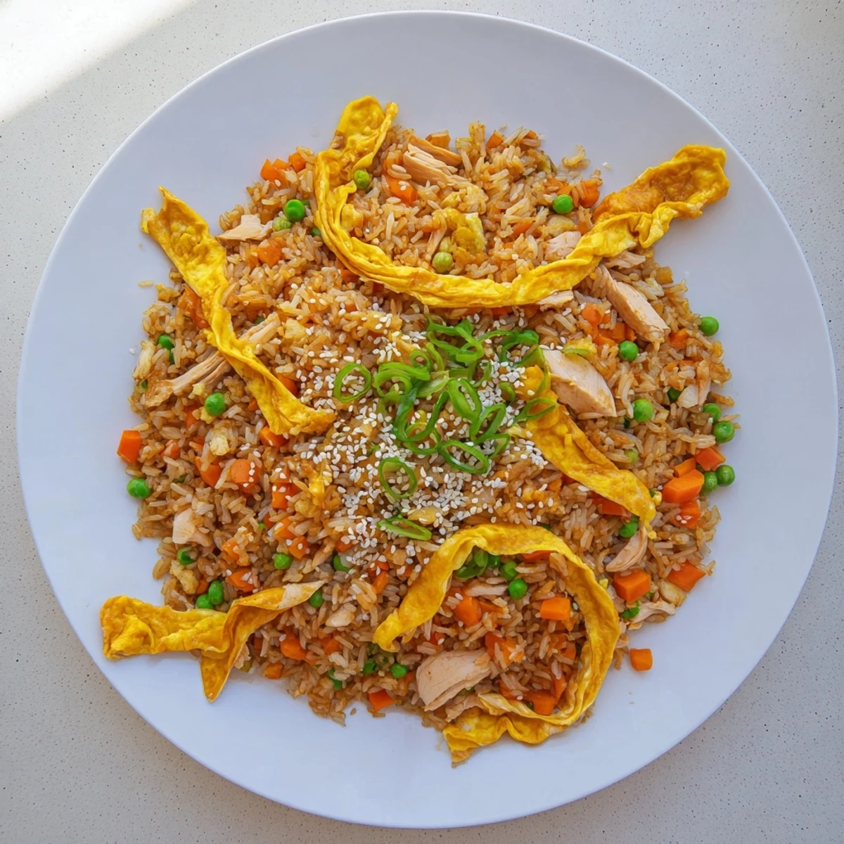 Homemade chicken fried rice featuring fragrant jasmine rice, sliced chicken, and ribbons of egg omelette