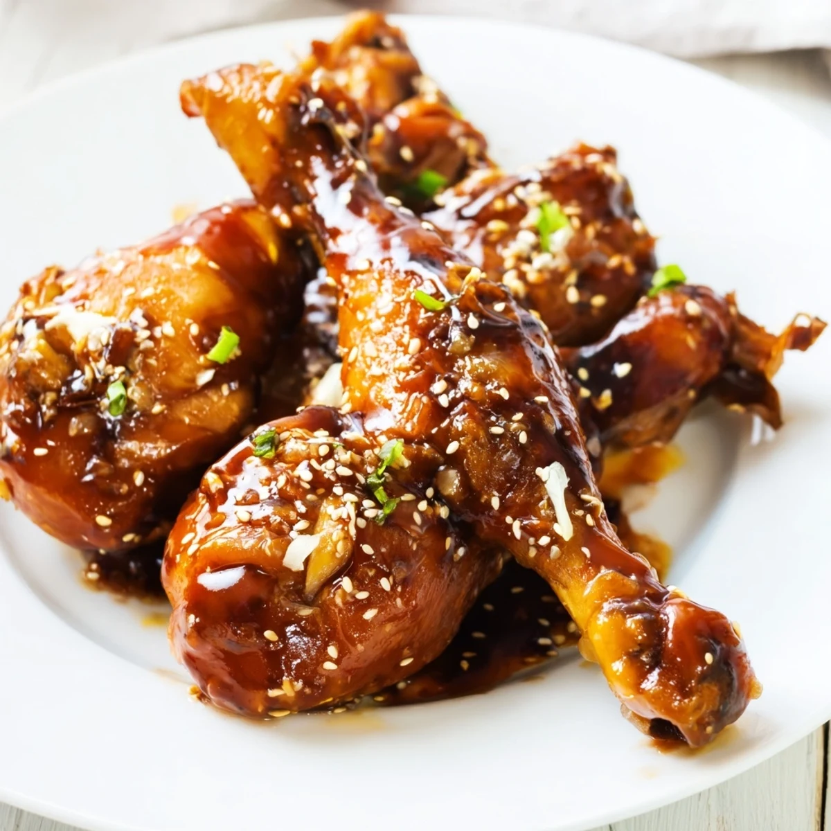 Tender slow cooker Asian glazed chicken drumsticks coated in glossy caramelized sauce with sesame seed garnish