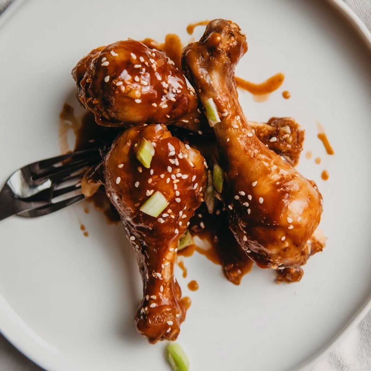 Golden slow cooker Asian glazed chicken drumsticks brushed with thickened sauce and topped with fresh scallions
