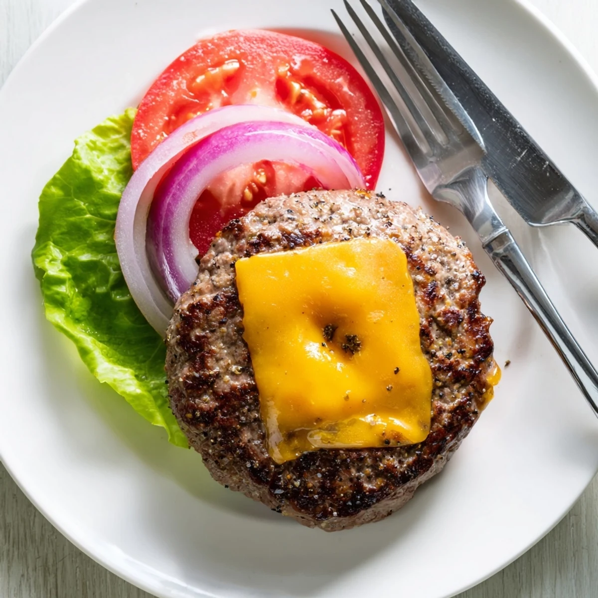 Perfectly cooked hamburger patties stacked on toasted buns with pickles tomatoes and air fryer grill marks