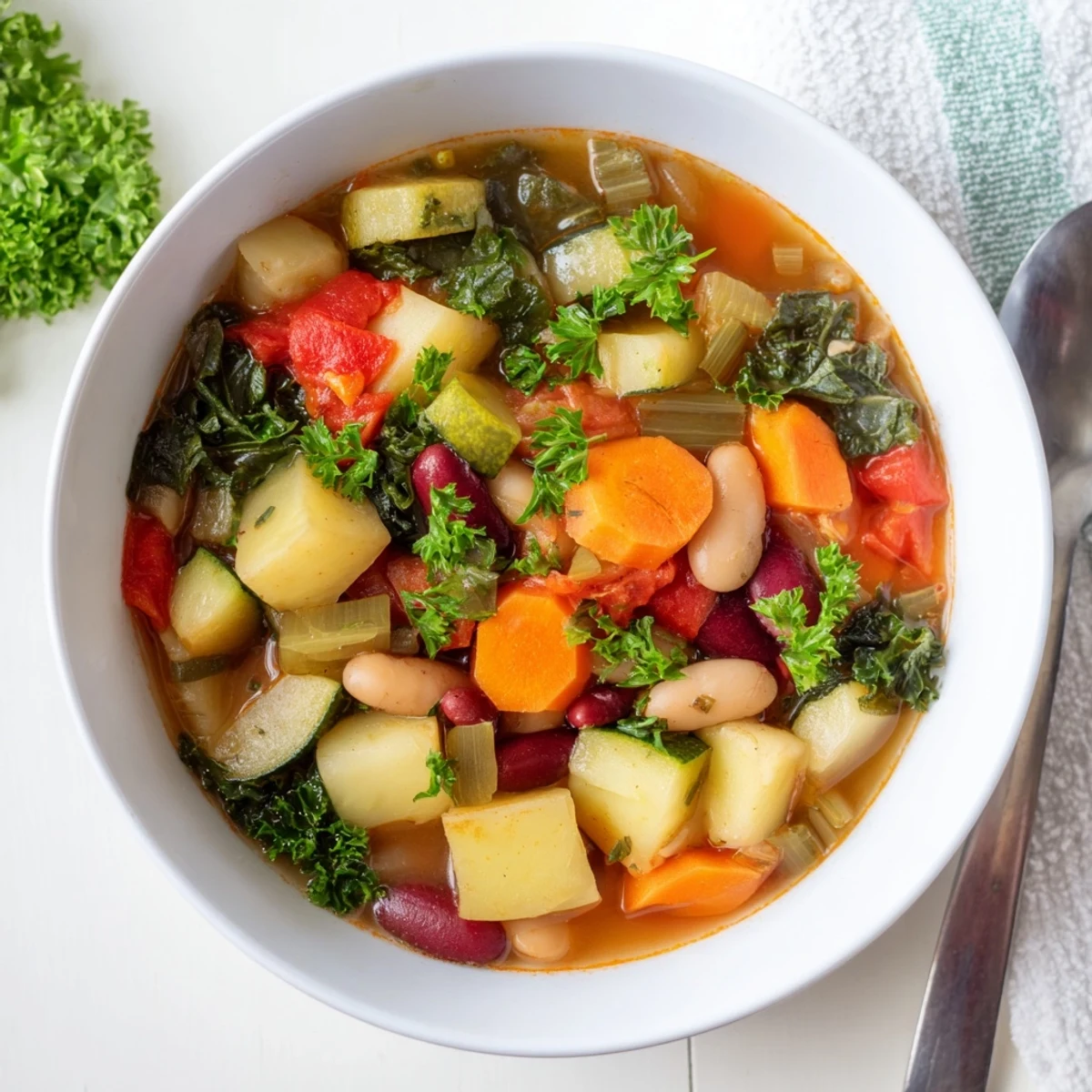 Steaming bowl of hearty vegetable and bean soup garnished with fresh parsley and crusty bread