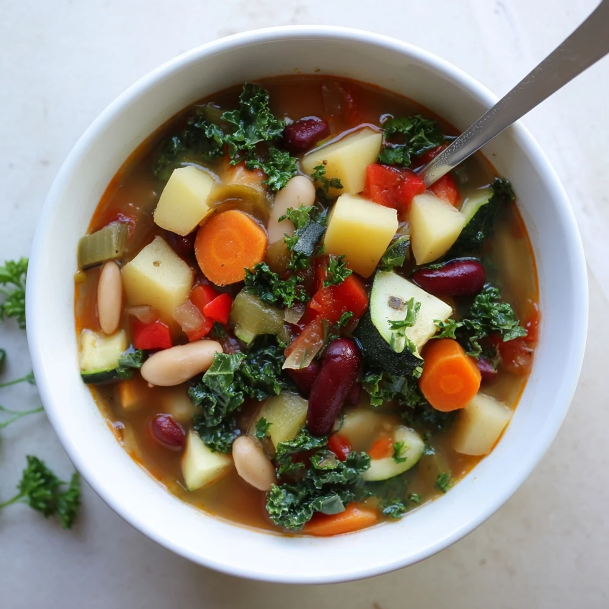 Close-up of hearty vegetable and bean soup featuring tender beans kale and diced tomatoes