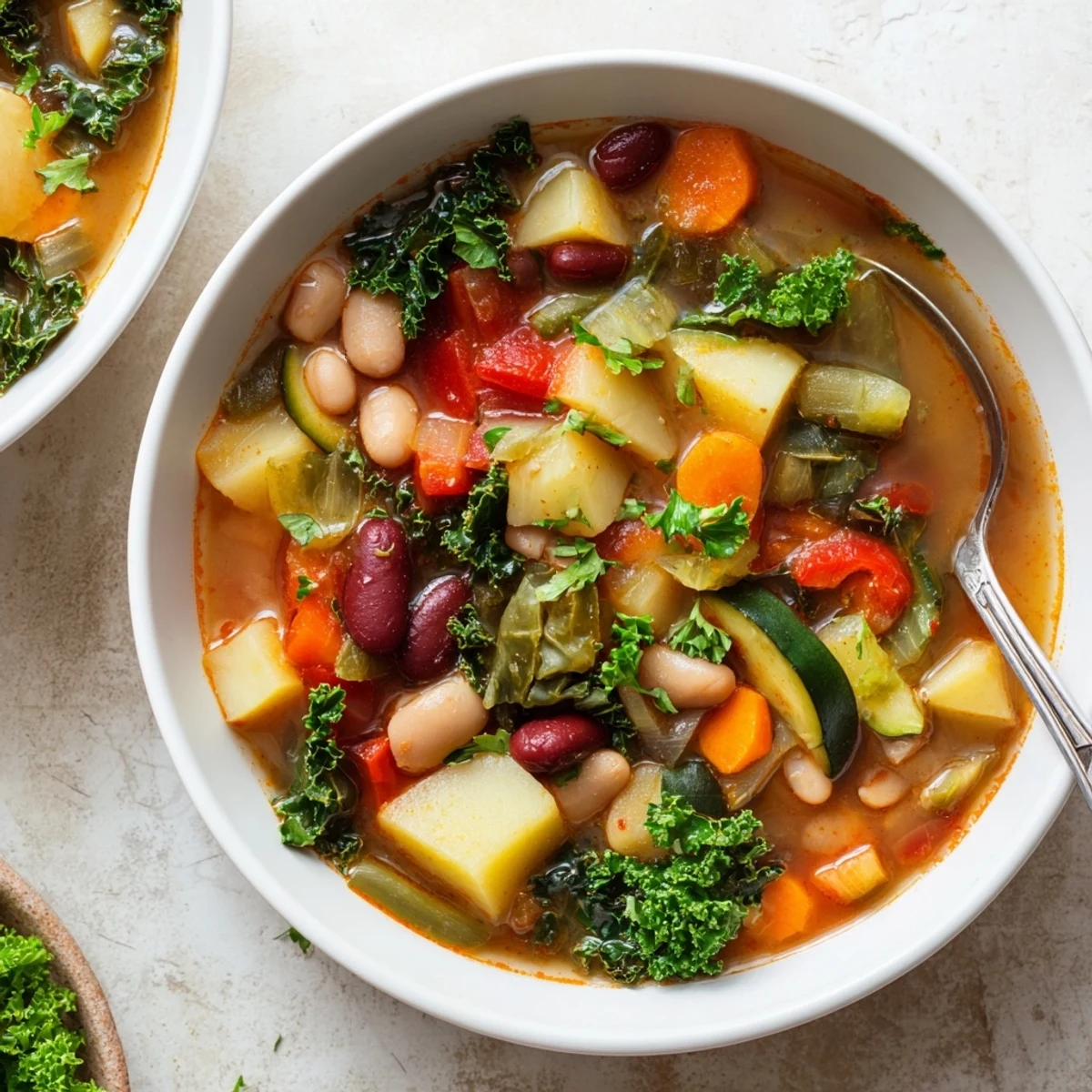 Rustic pot of hearty vegetable and bean soup bubbling with colorful carrots potatoes and greens
