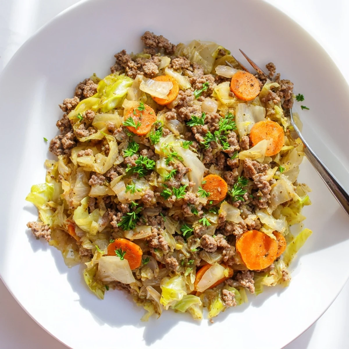 Golden brown ground beef and tender green cabbage in a large skillet with fresh parsley garnish