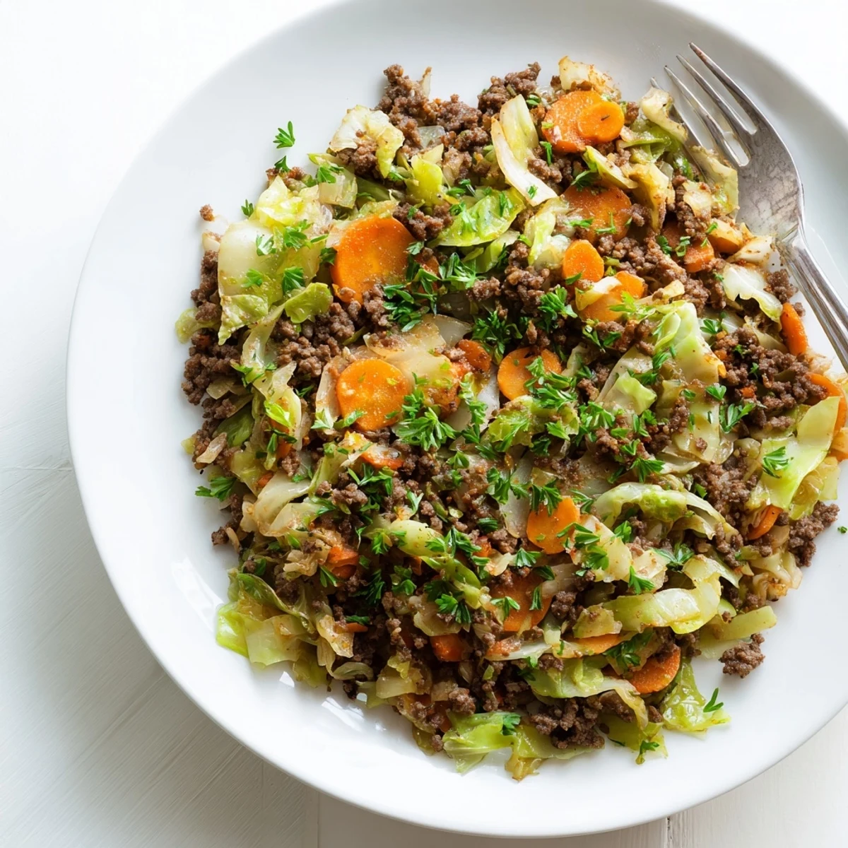 Savory comfort food dish of seasoned ground beef mixed with tender cabbage in a cast iron skillet