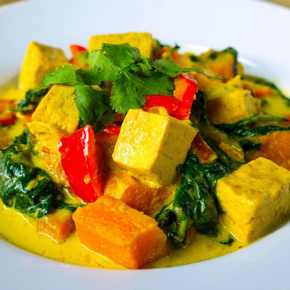 Garnished vegetarian pumpkin tofu curry bowl with fresh cilantro and lime wedges