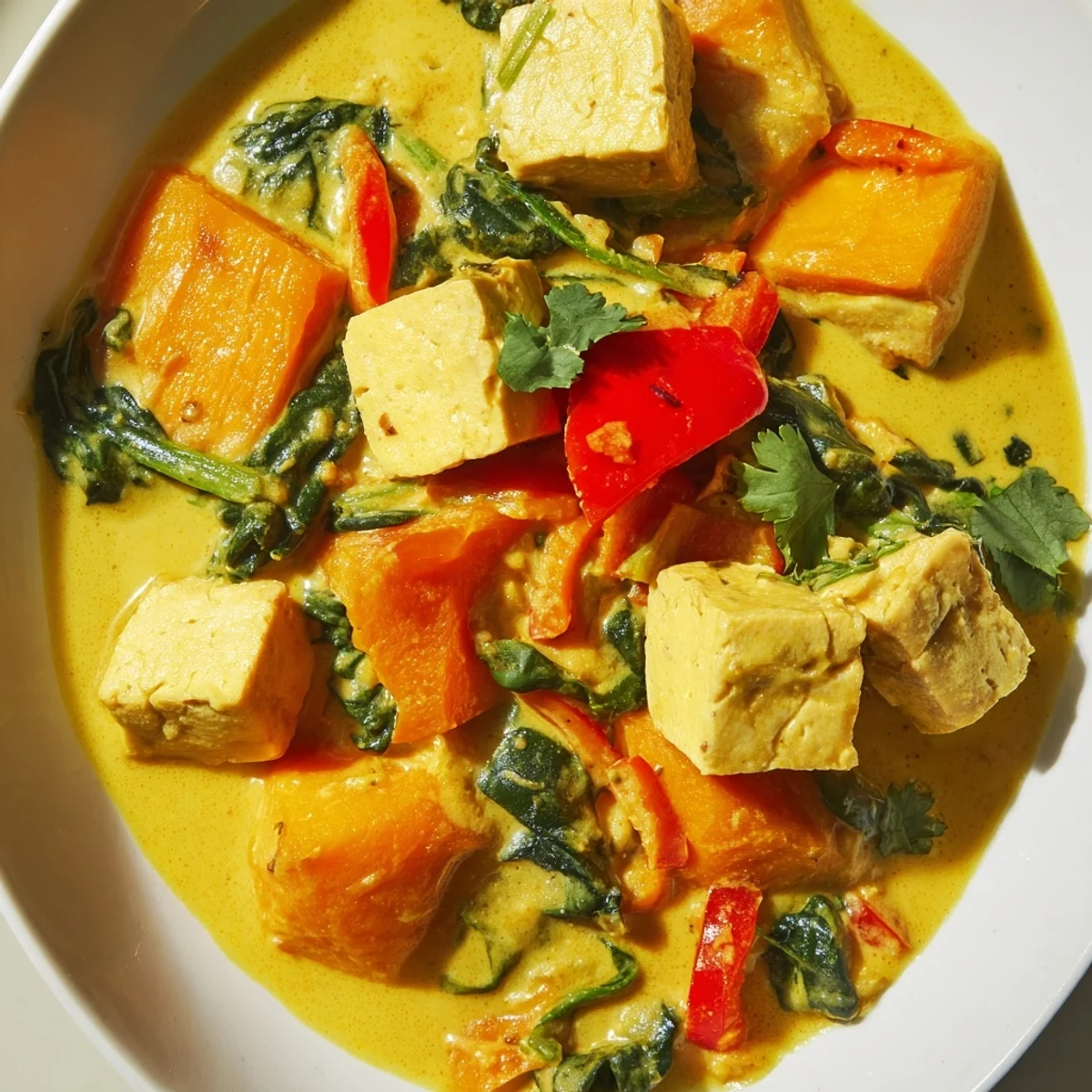 Steaming bowl of vegetarian pumpkin tofu curry served over fluffy white basmati rice