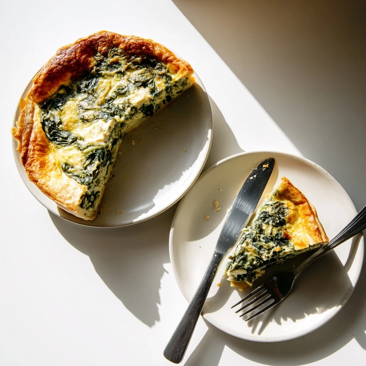 Savory egg pie with silverbeet and ricotta sliced to reveal tender Swiss chard nestled in rich custard