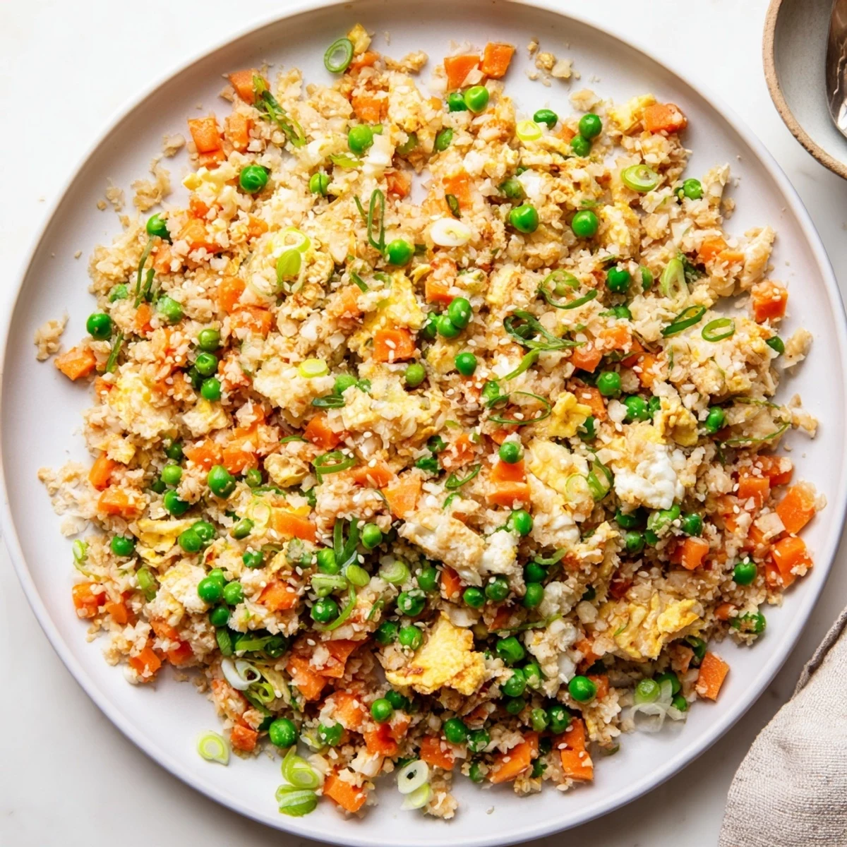 Golden vegetable-packed cauliflower fried rice served in a white bowl with scrambled egg bits throughout