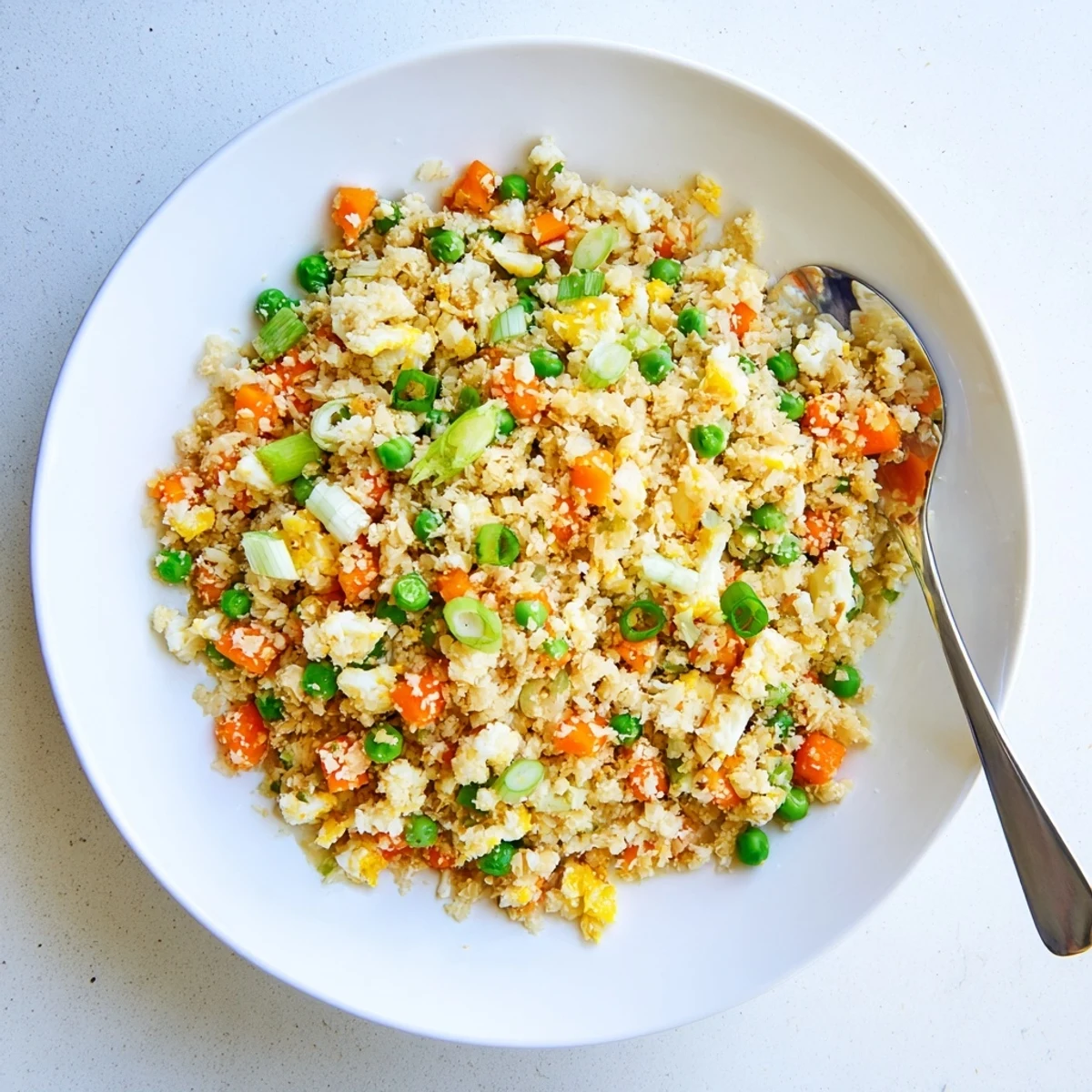 Colorful low carb cauliflower fried rice with bright peas, carrots, and green onions garnished on top