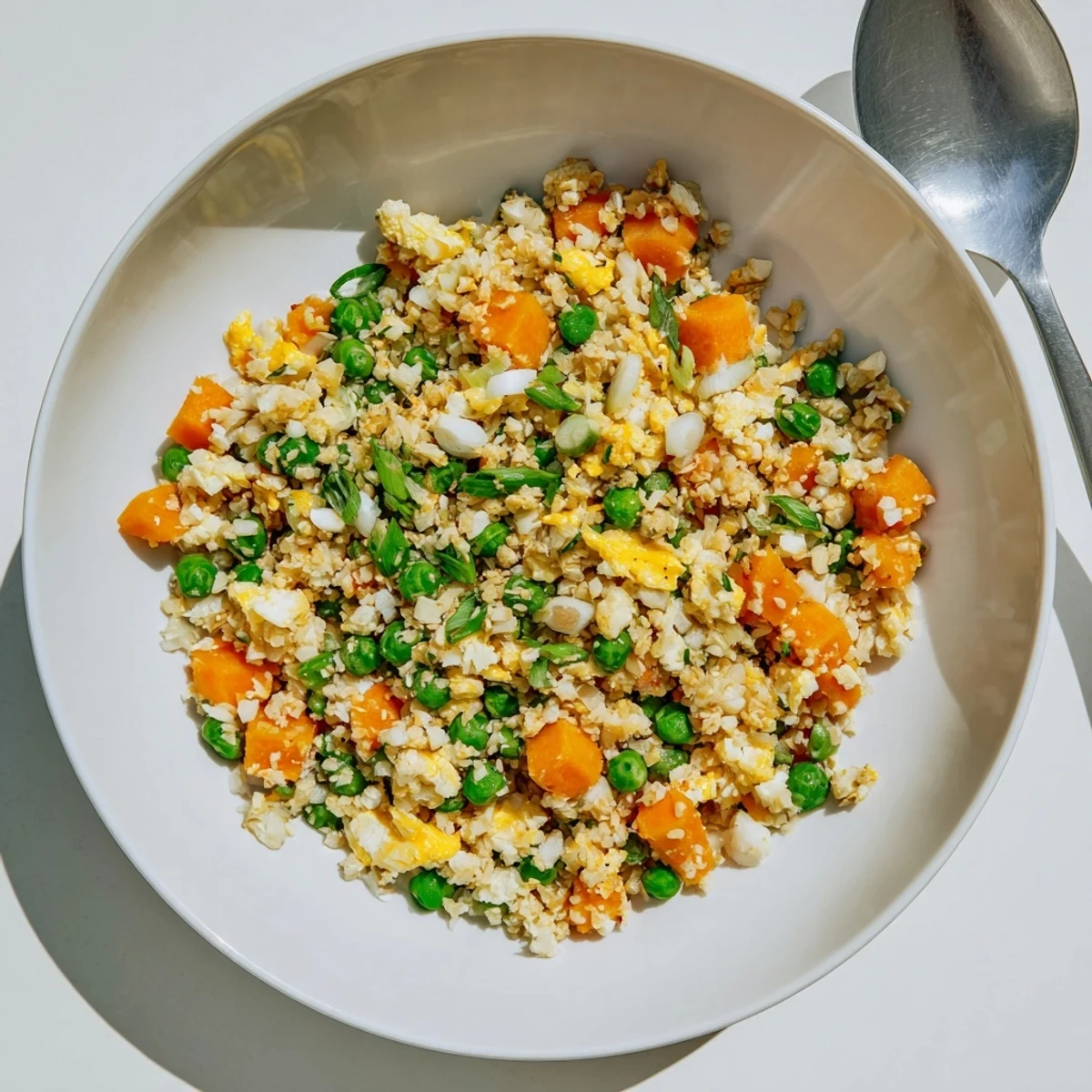 Steamy Asian-style cauliflower fried rice in a dark skillet featuring tender vegetables and fluffy scrambled eggs