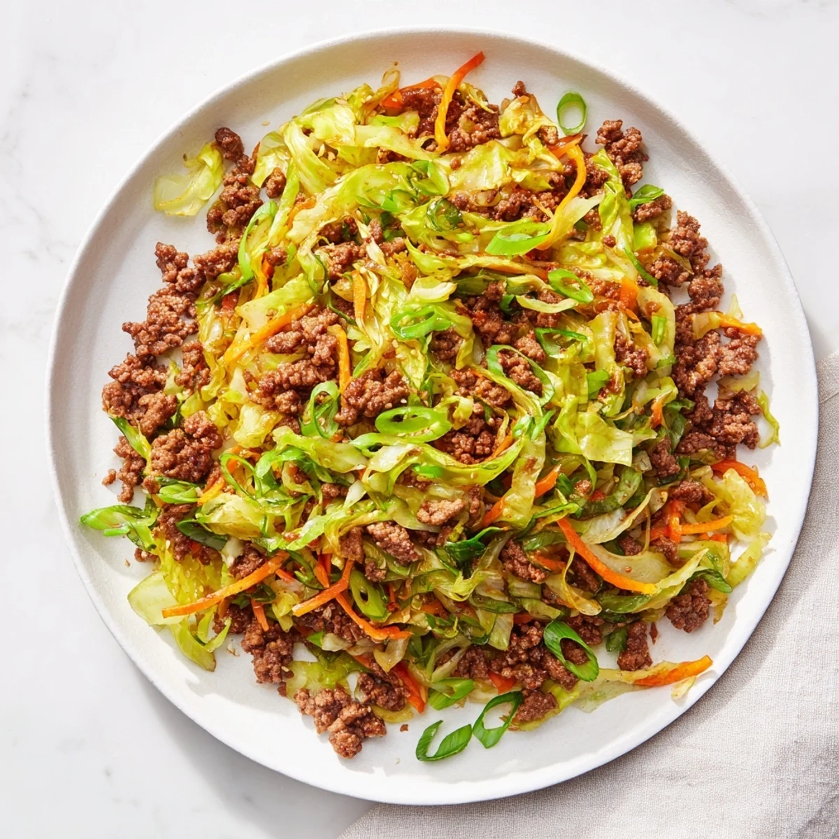 Savory Asian-style ground beef and cabbage stir fry featuring crisp vegetables and glossy soy-based sauce