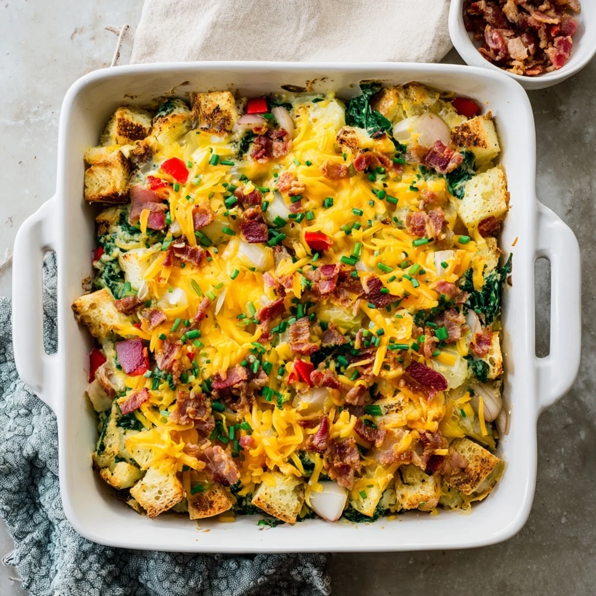 Hearty breakfast casserole baked in a dish with melty cheddar cheese topping
