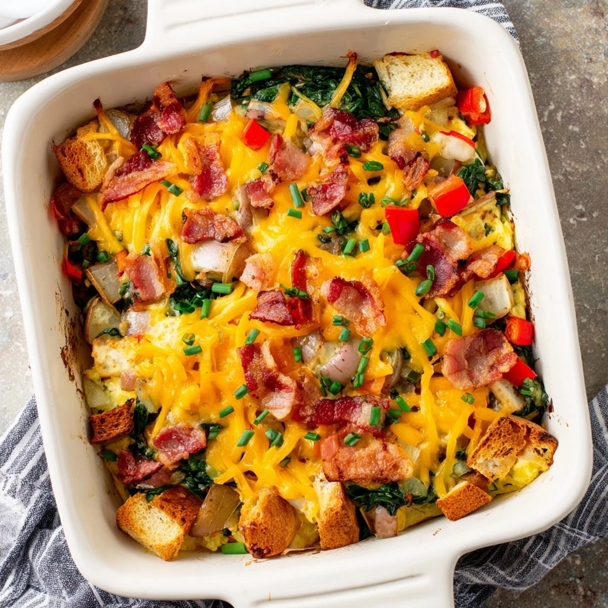 Golden cheesy brekkie bake for dinner with crispy bacon and fluffy eggs