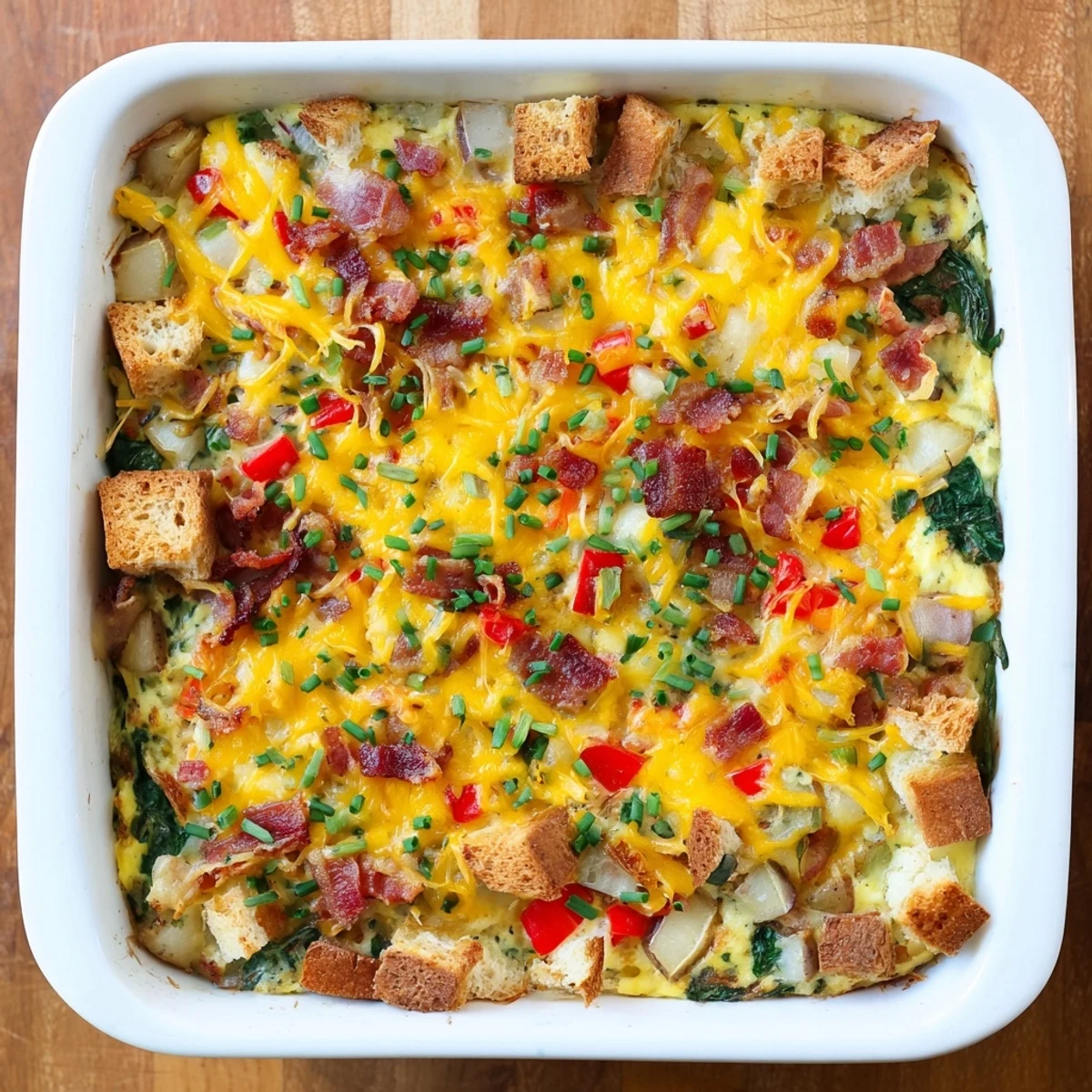 Savory brekkie bake for dinner featuring eggs bacon potatoes and fresh vegetables