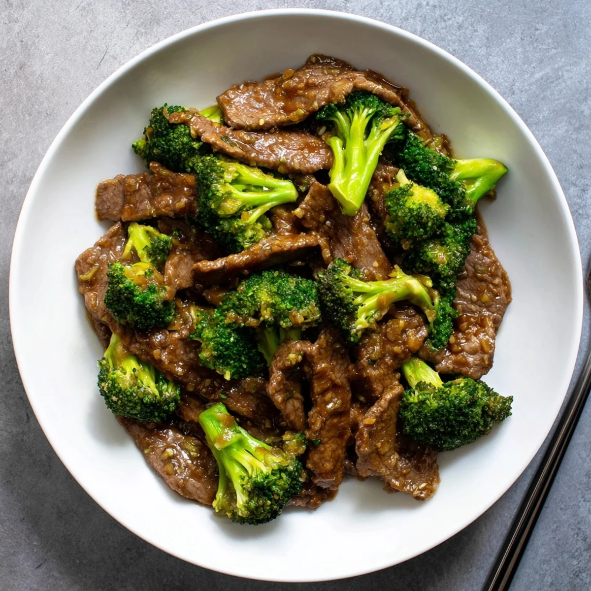 Sliced flank steak and crisp broccoli florets tossed in a rich, glossy brown Asian glaze