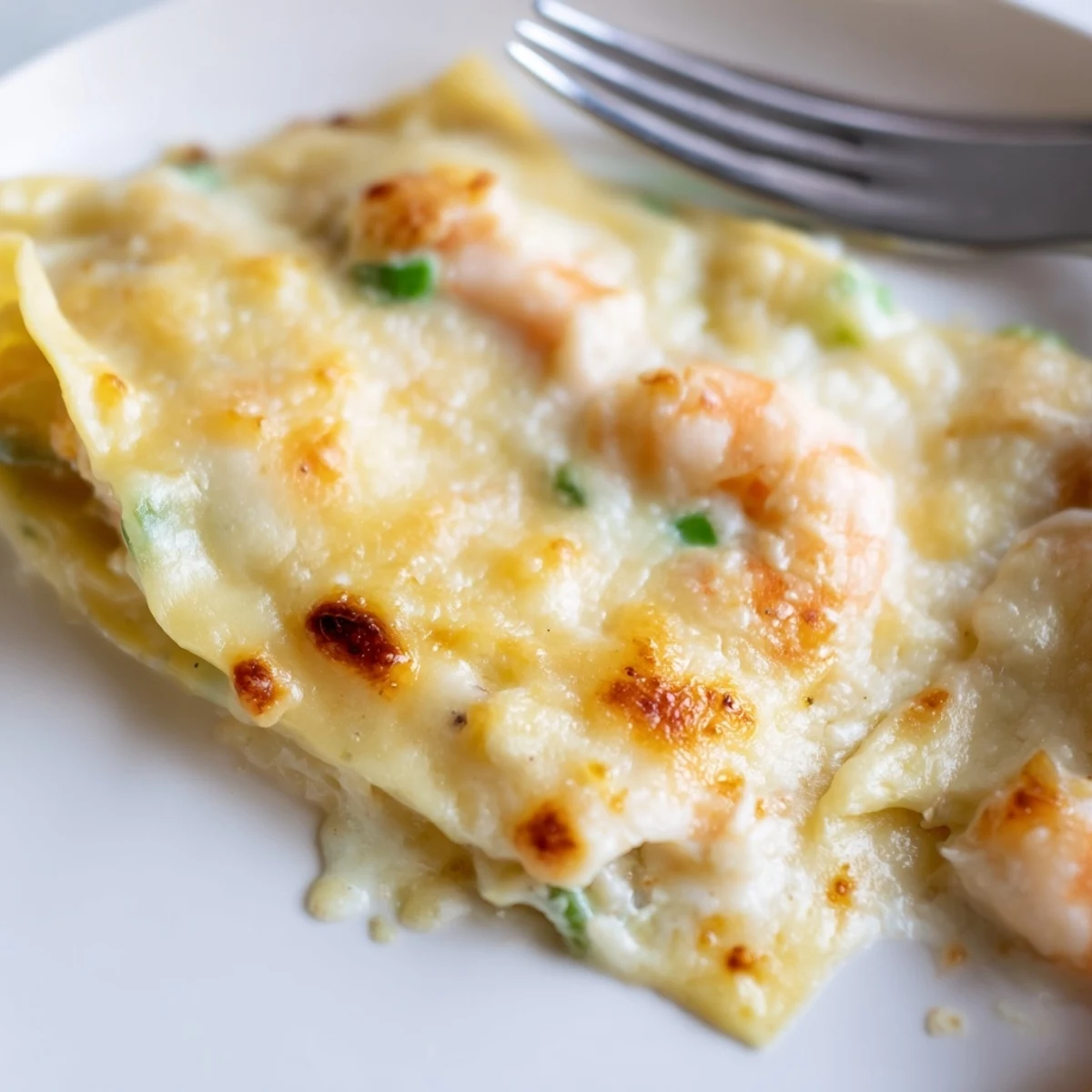 Golden-baked shrimp dumpling lasagna featuring bubbling mozzarella and layered shrimp filling between soft dumpling wrappers