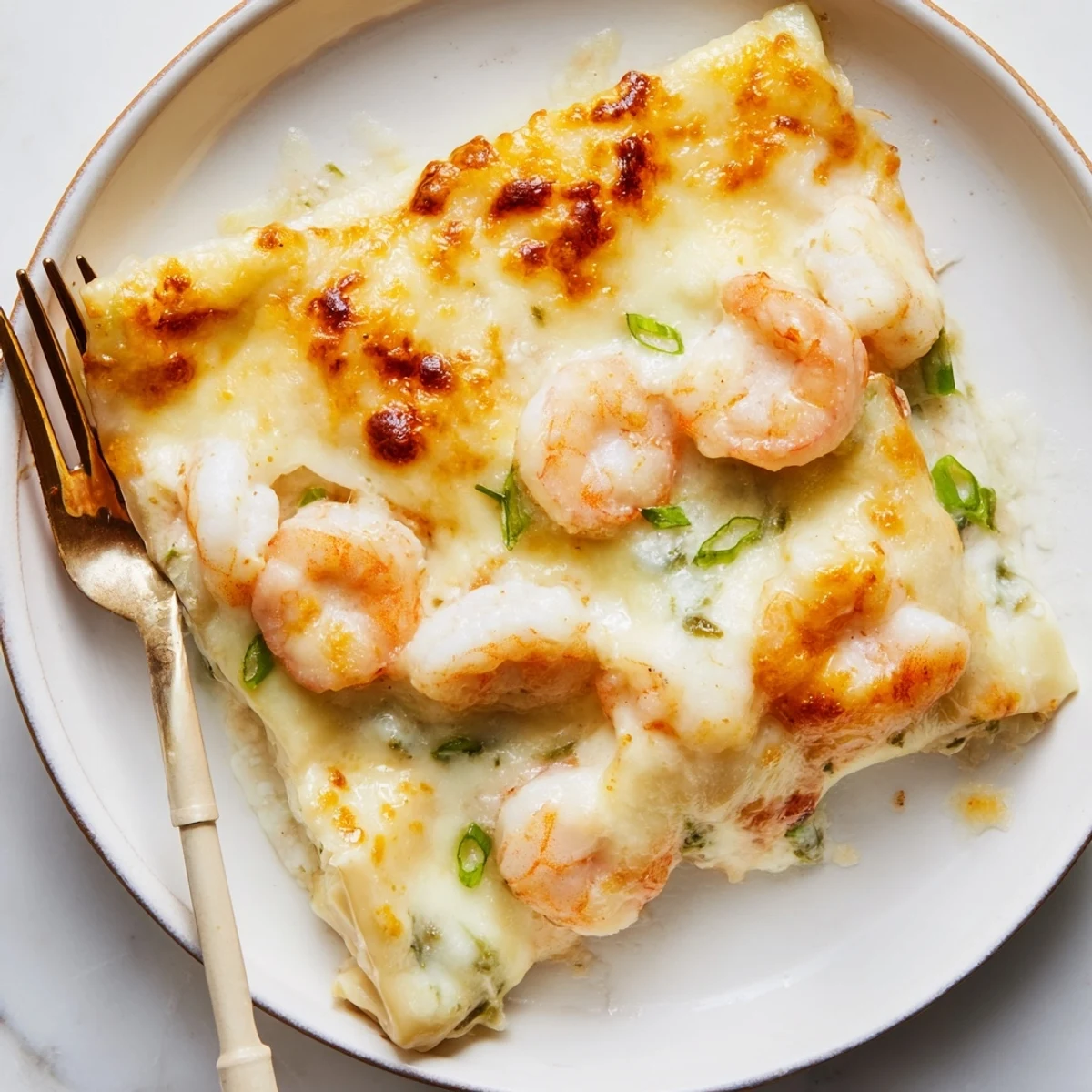 Steamy square of Asian-Italian fusion lasagna showcasing tender shrimp, ricotta, and melted cheese in perfect cross-section