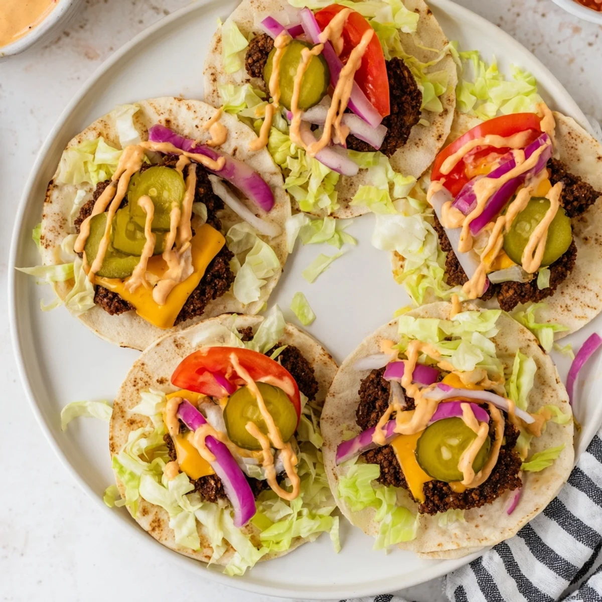 Juicy smash burger tacos topped with fresh lettuce, tomatoes, and tangy pickles on warm tortillas