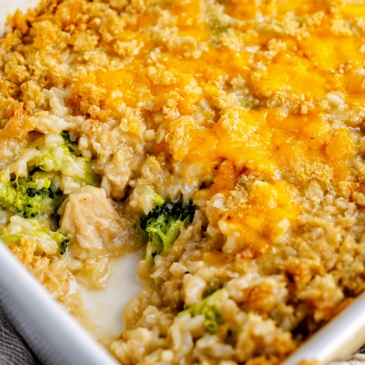 Golden chicken broccoli rice cheese casserole topped with buttery panko breadcrumbs fresh from the oven