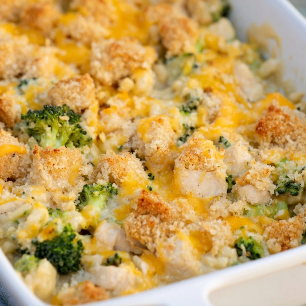 Spoonful of cheesy chicken broccoli rice casserole showing tender broccoli florets and fluffy rice grains