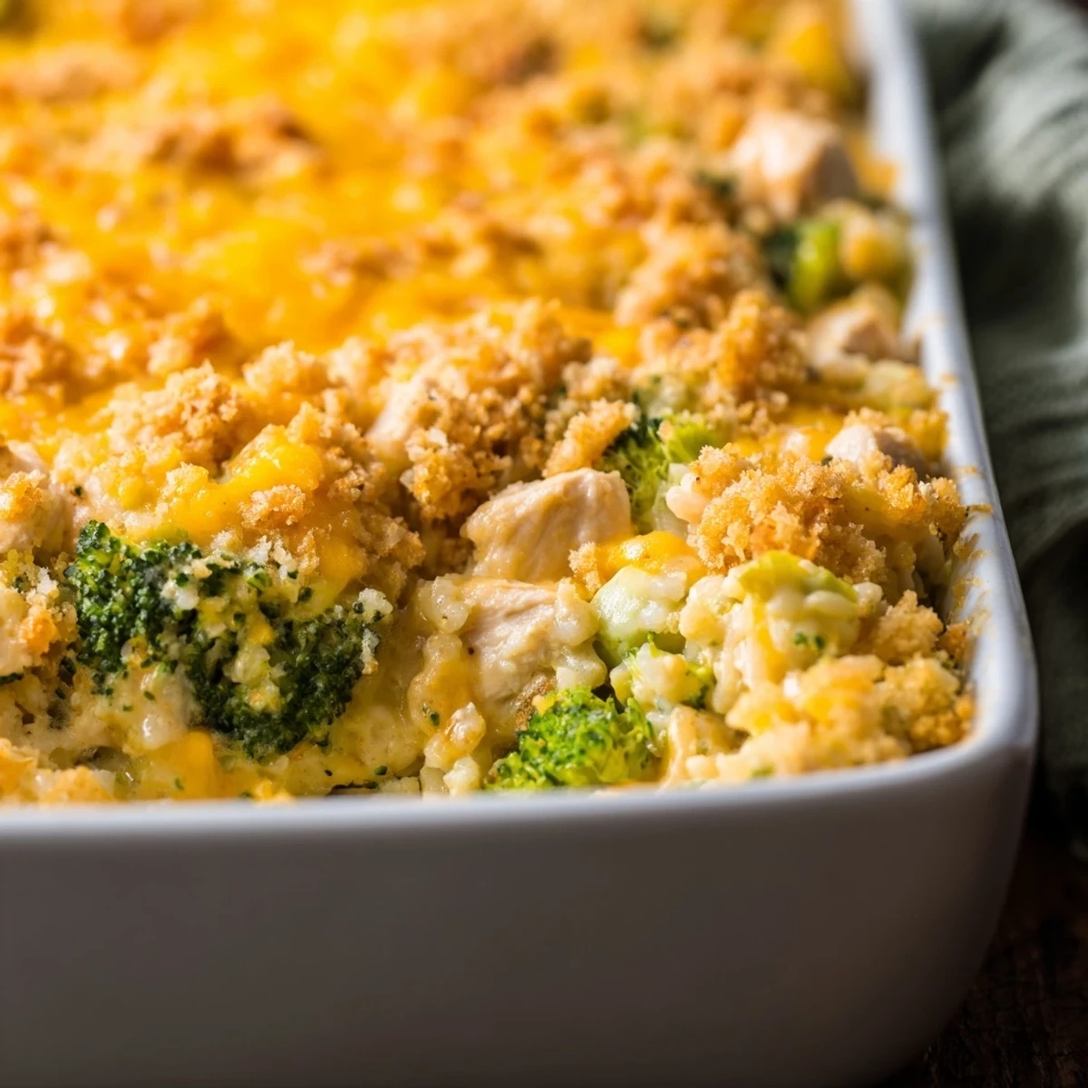 Creamy chicken broccoli rice cheese casserole bubbling in a baking dish with melted cheddar topping