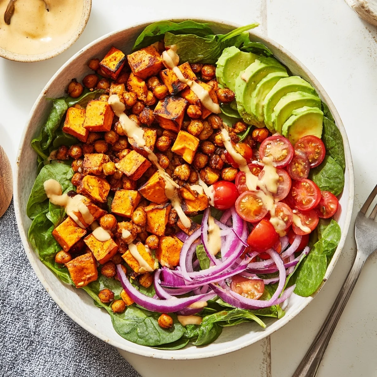 Golden roasted sweet potato bowl with crispy chickpeas, fresh avocado, and creamy tahini drizzle